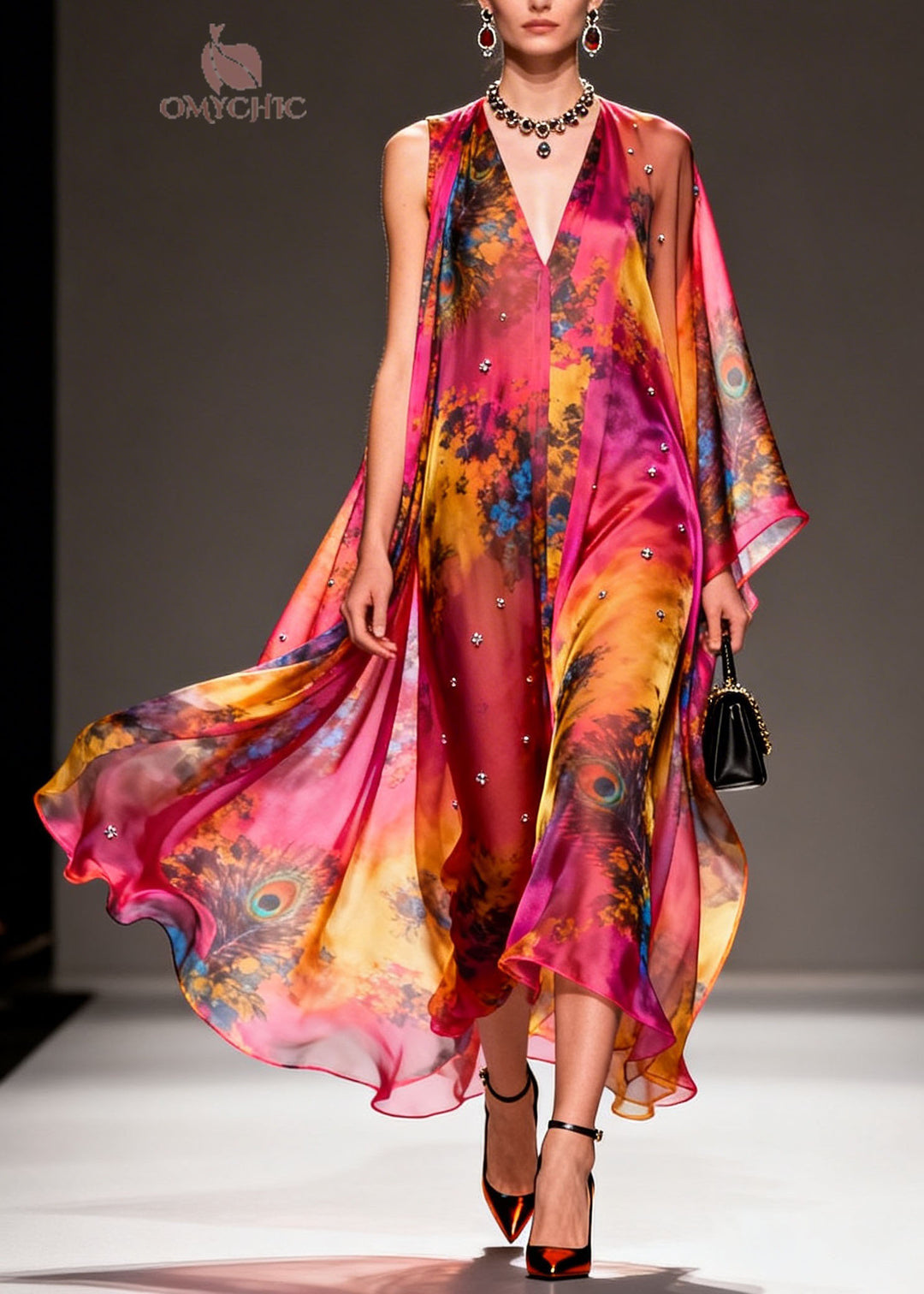 Women V Neck Asymmetrical Design Print Chiffon Dress Summer
