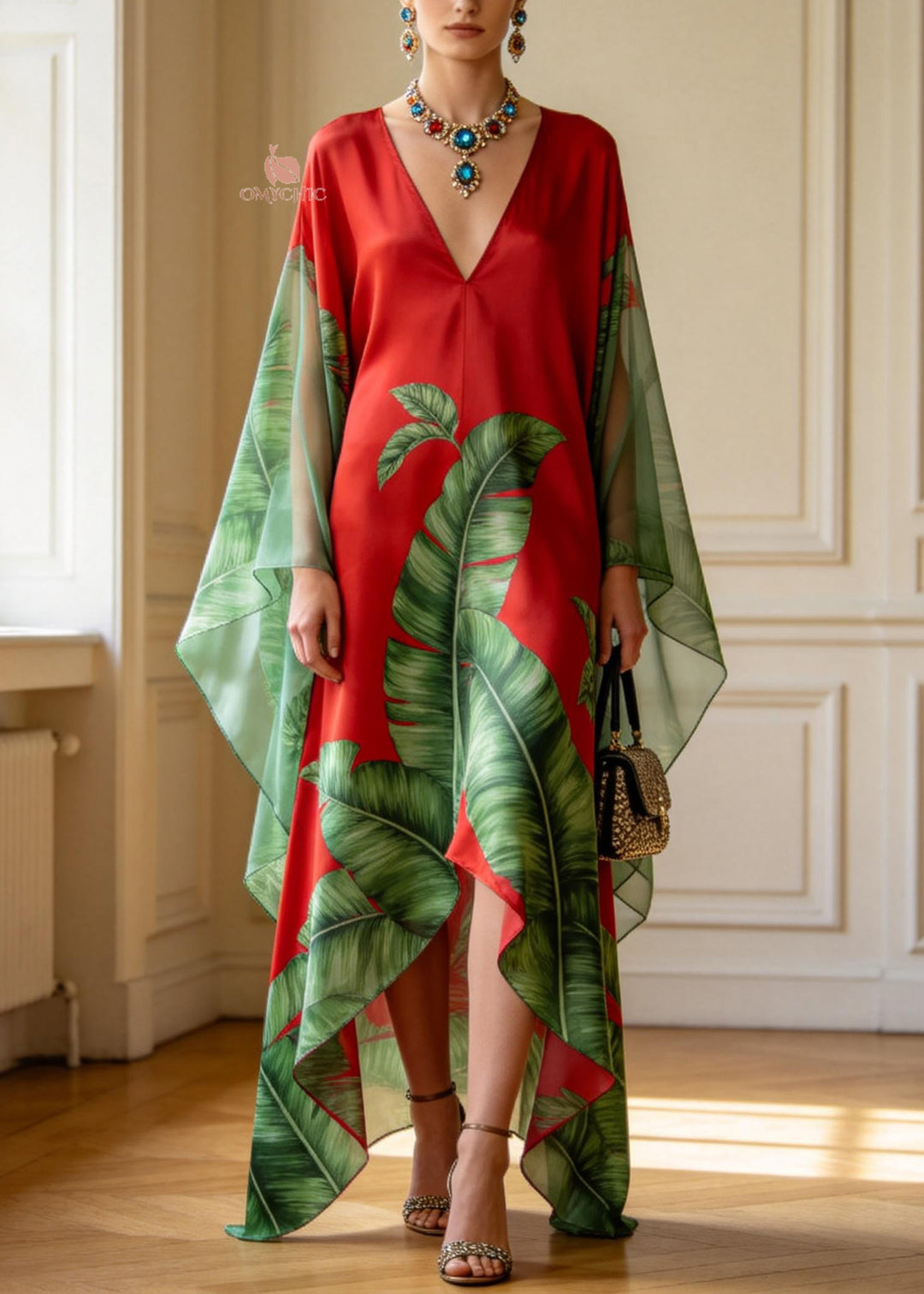 Women V Neck Asymmetrical Design Print Chiffon Long Dress Summer