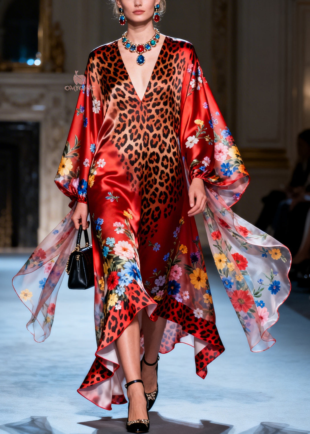 Women V Neck Asymmetrical Design Print Silk Dresses Long Sleeve
