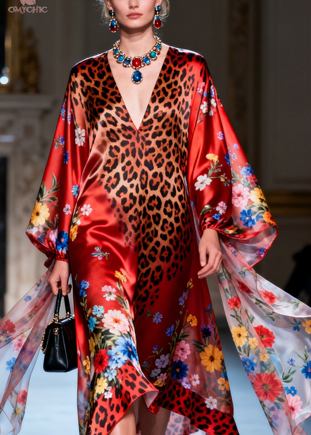 Women V Neck Asymmetrical Design Print Silk Dresses Long Sleeve