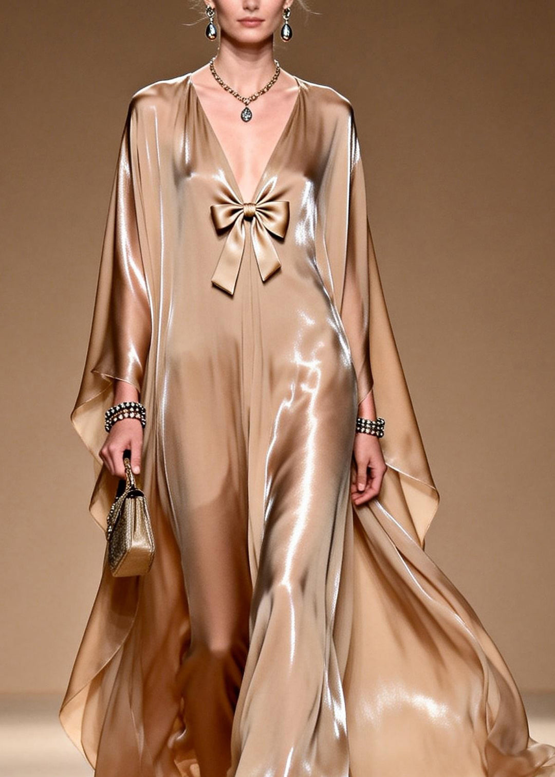 Women V Neck Bow Patchwork Silk Maxi Dresses Spring