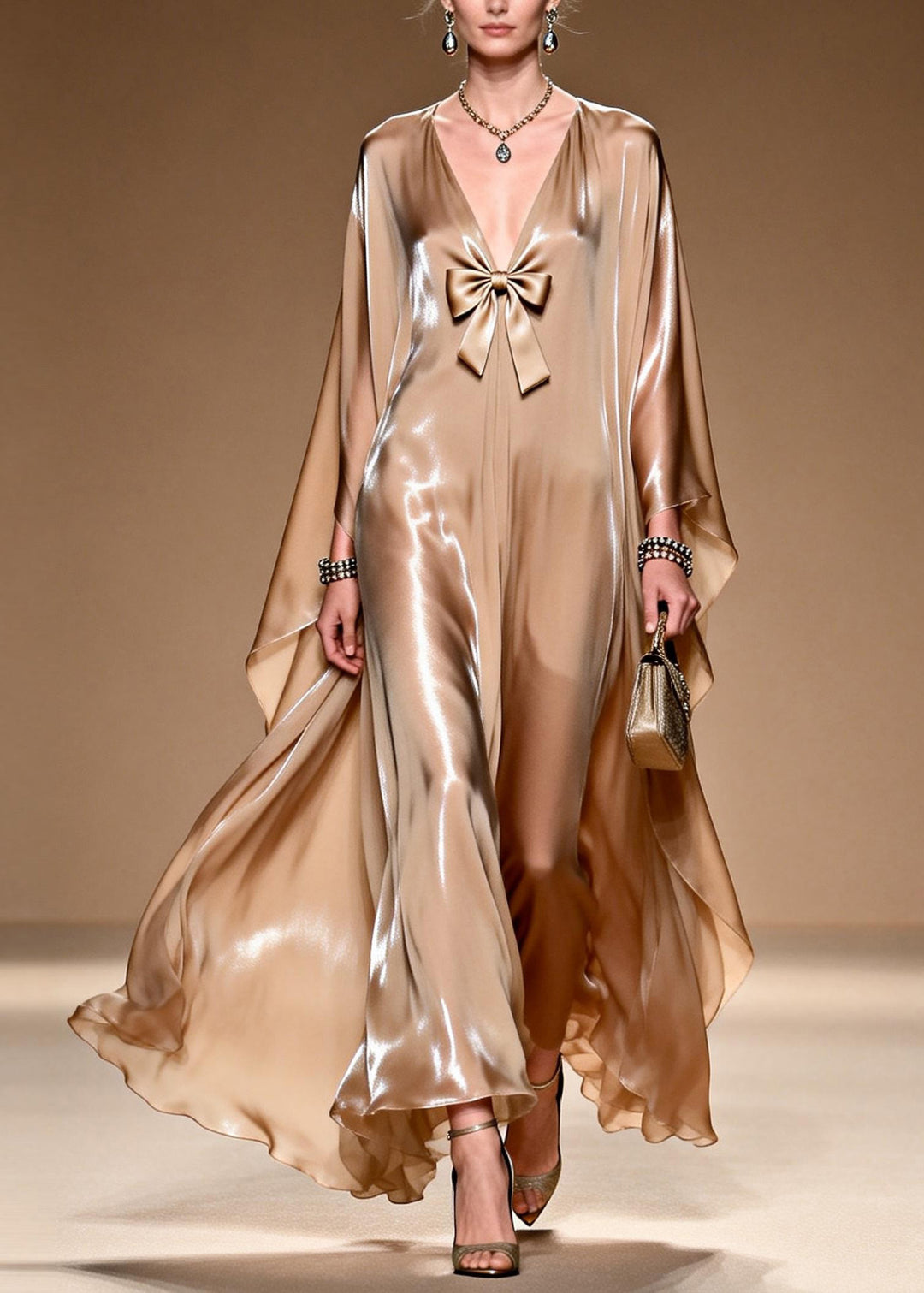 Women V Neck Bow Patchwork Silk Maxi Dresses Spring
