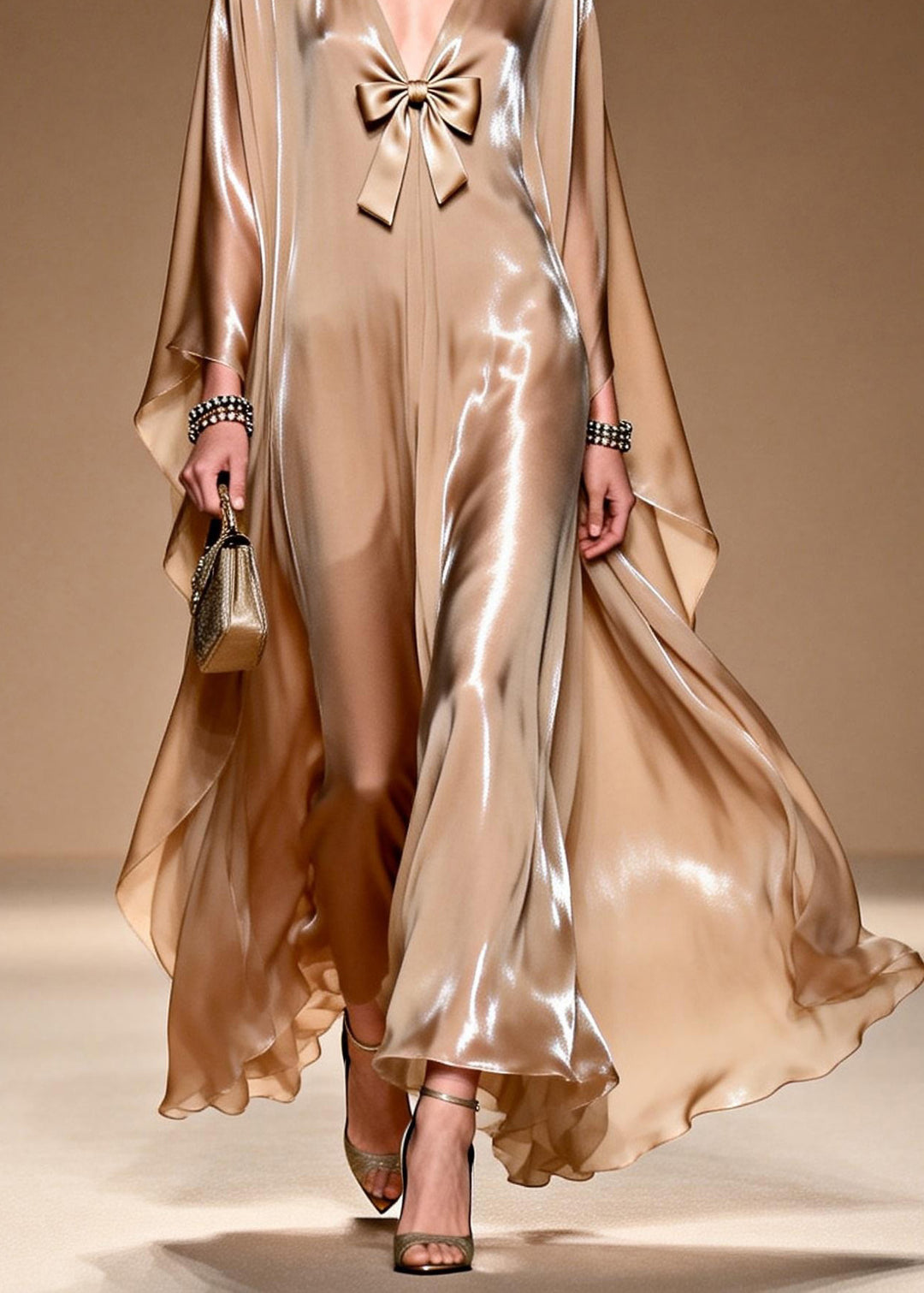 Women V Neck Bow Patchwork Silk Maxi Dresses Spring