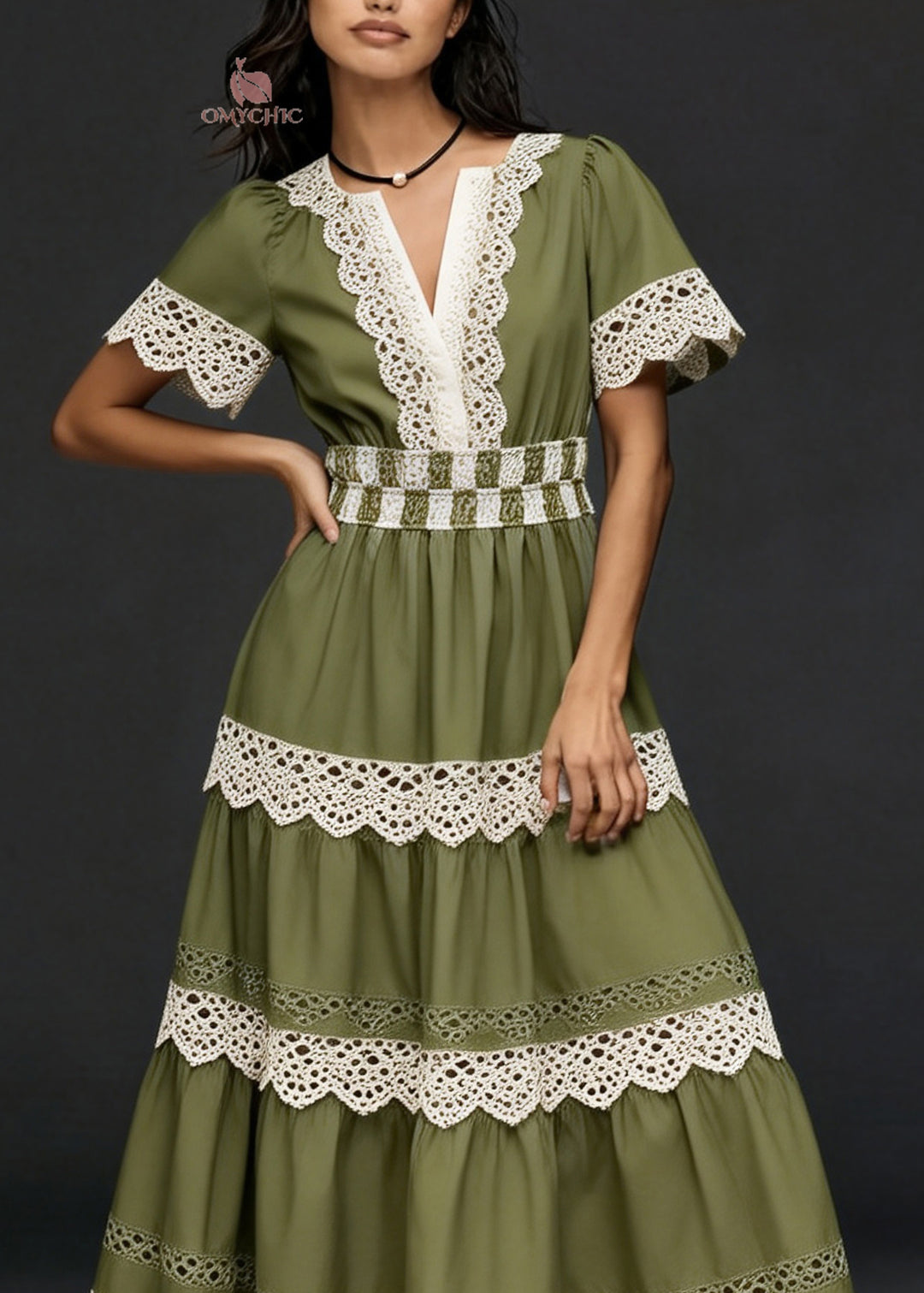 Women V Neck Hollow Out Lace Patchwork Cotton Dresses Summer
