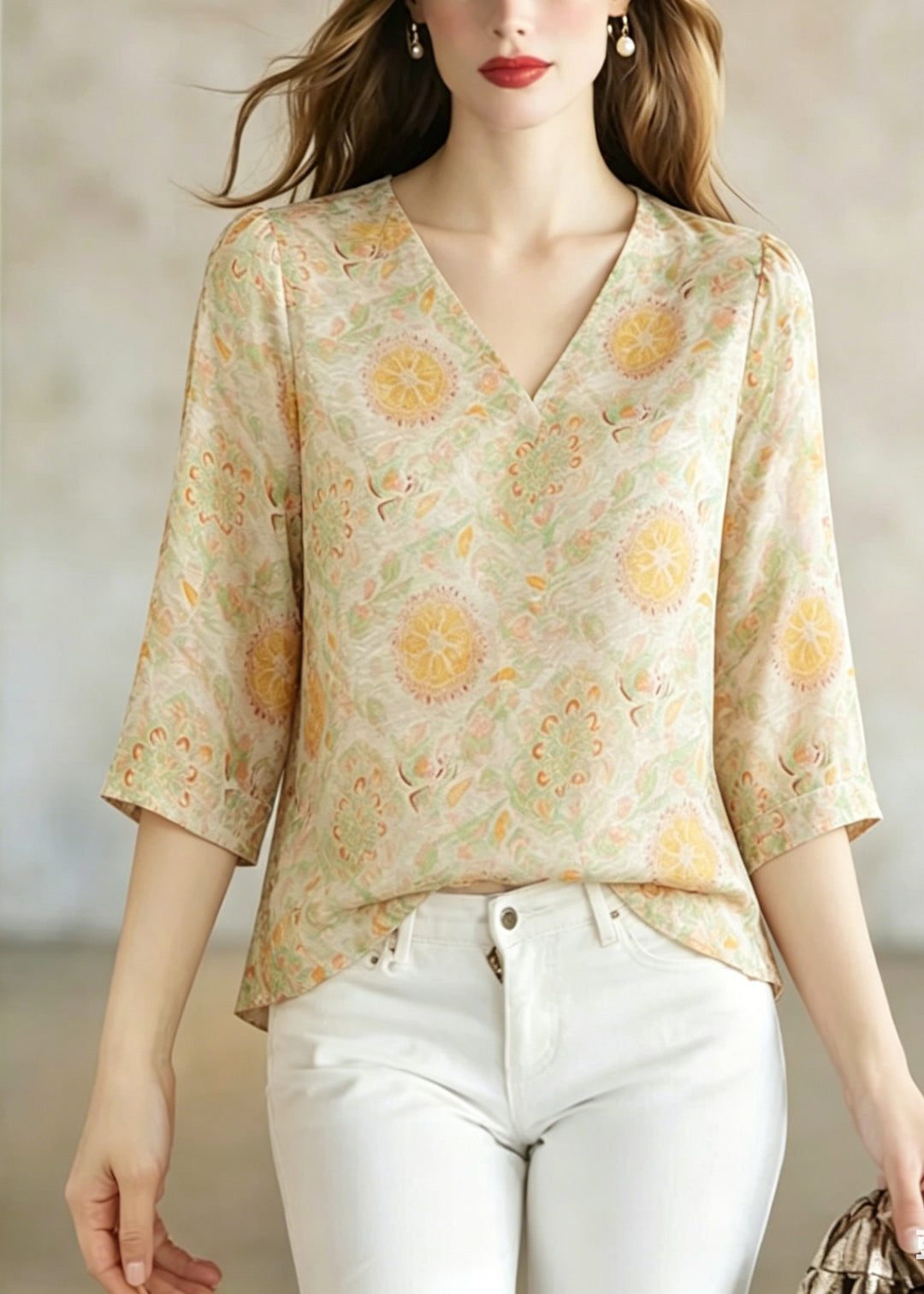 Women V Neck Jacquard Silk Shirt Top Bracelet Sleeve