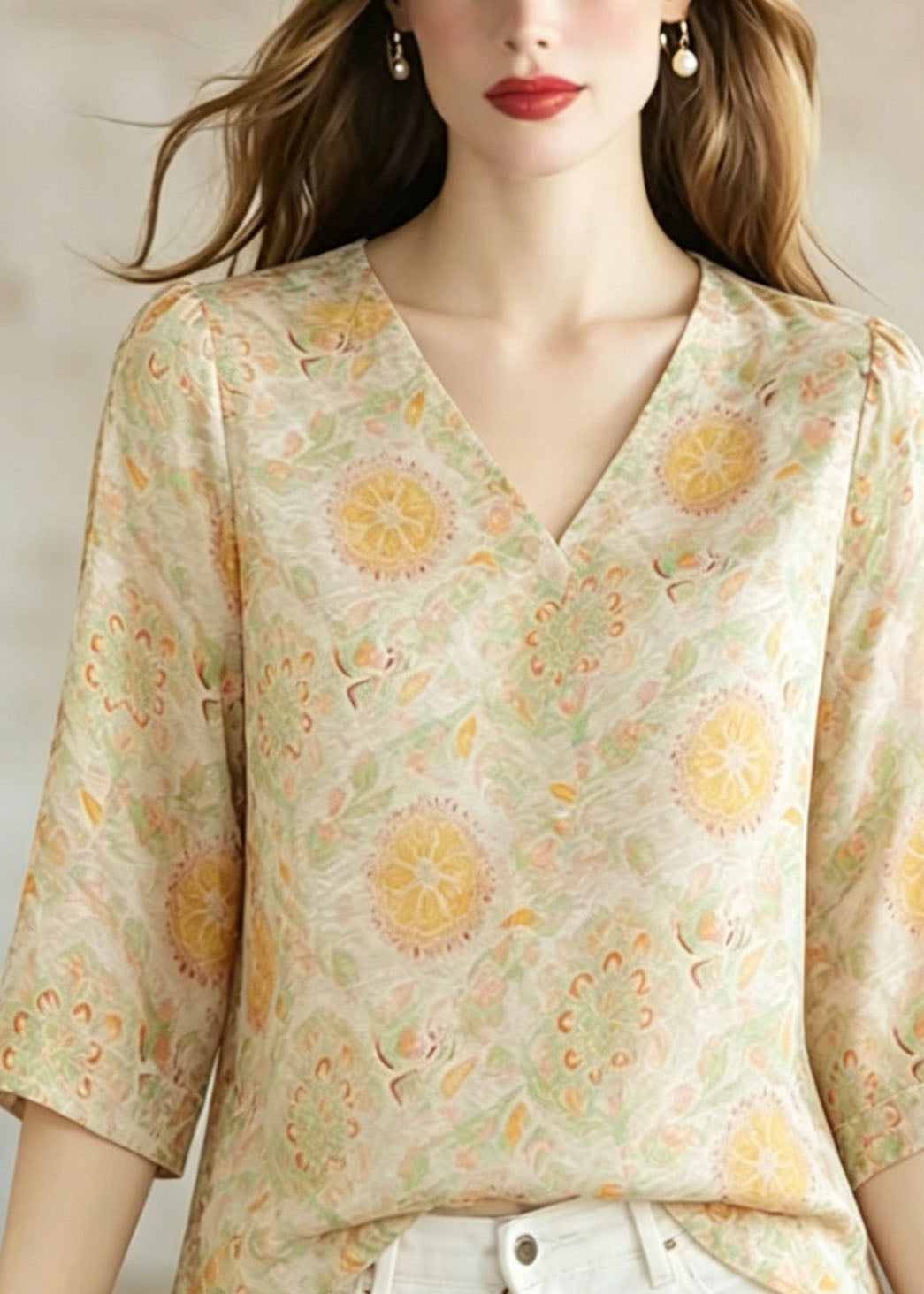 Women V Neck Jacquard Silk Shirt Top Bracelet Sleeve