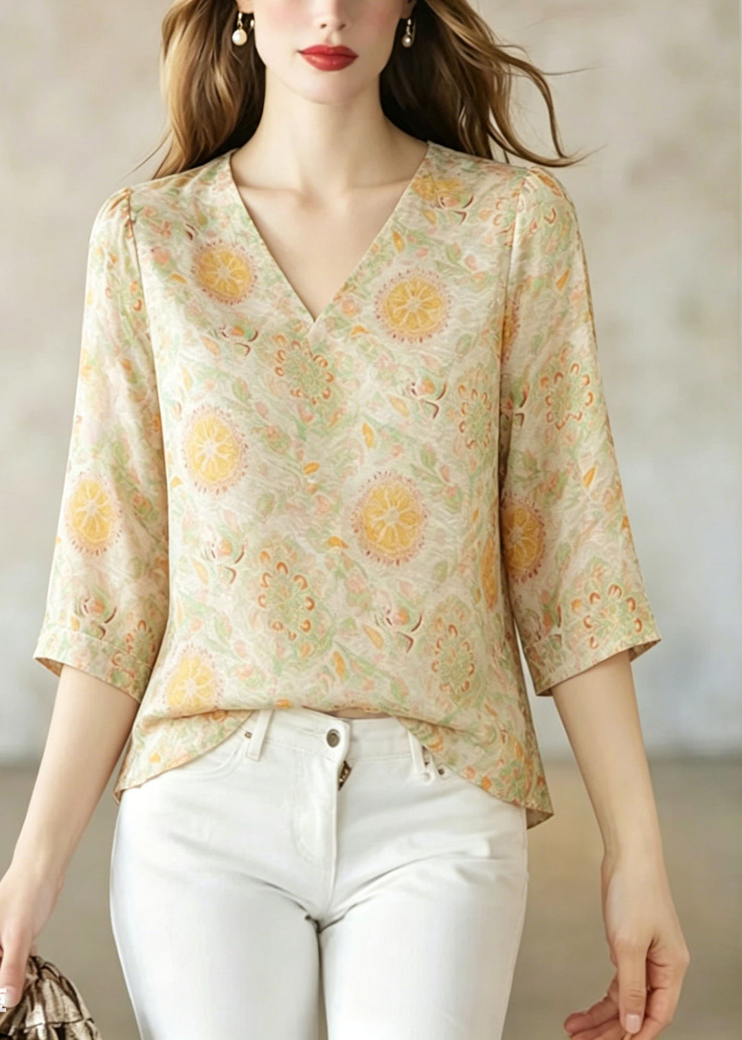 Women V Neck Jacquard Silk Shirt Top Bracelet Sleeve