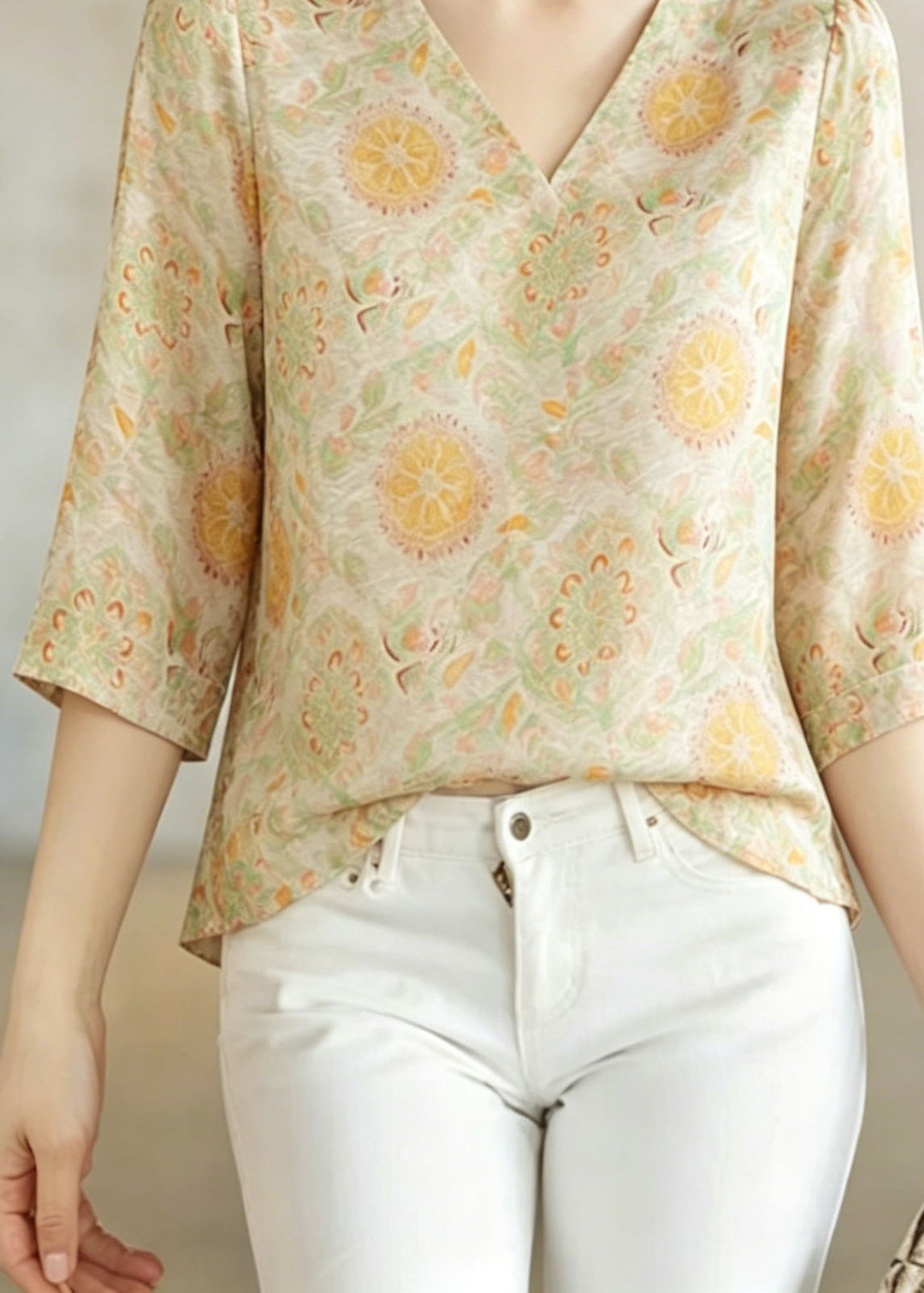 Women V Neck Jacquard Silk Shirt Top Bracelet Sleeve
