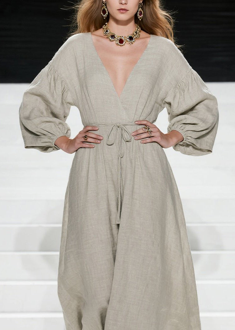 Women V Neck Lace Up Patchwork Cotton Long Dress Fall