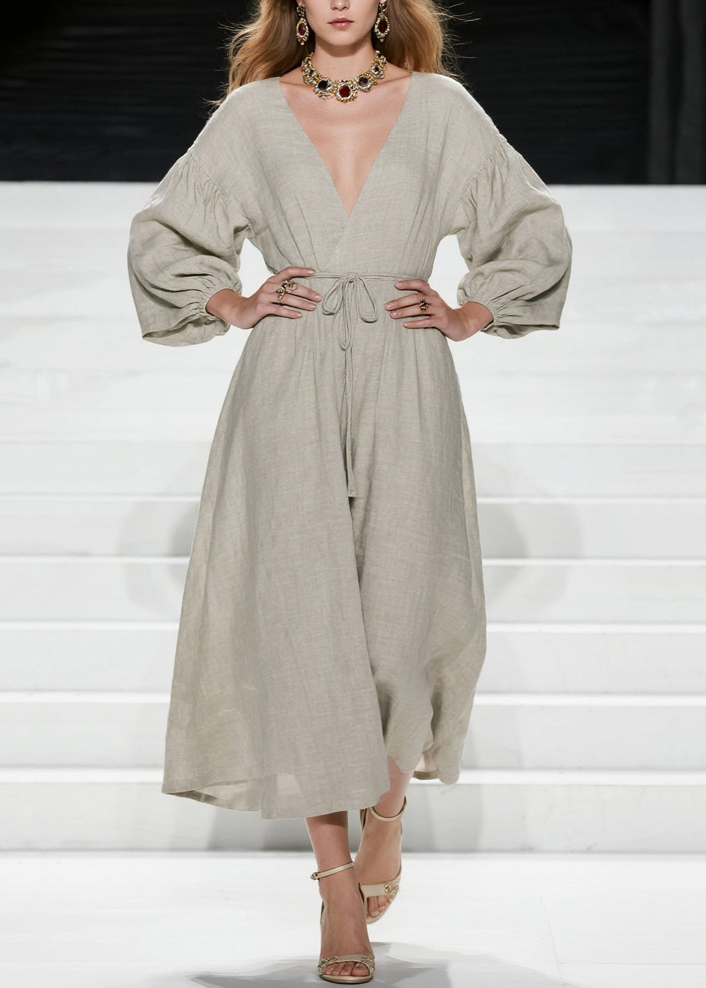 Women V Neck Lace Up Patchwork Cotton Long Dress Fall