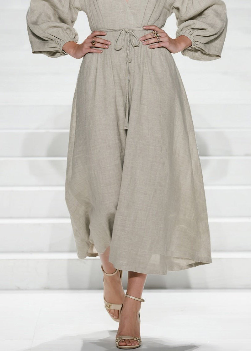 Women V Neck Lace Up Patchwork Cotton Long Dress Fall