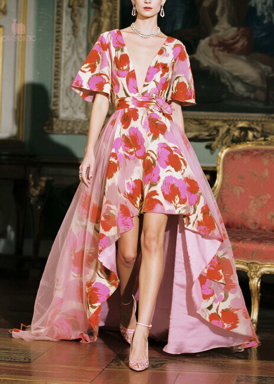 Women V Neck Low High Design Print Chiffon Dresses Summer