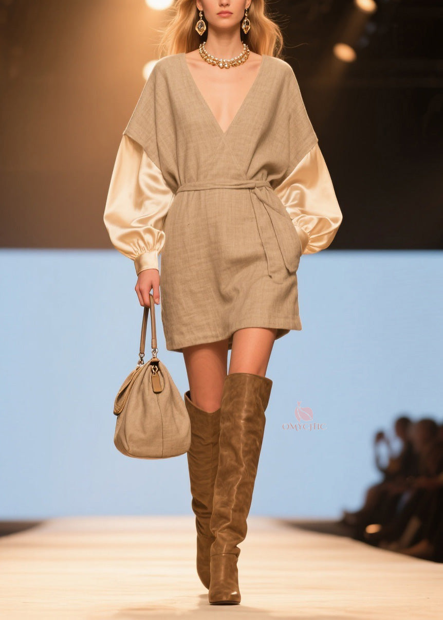 Women V Neck Patchwork Linen Silk Mid Dresses Spring