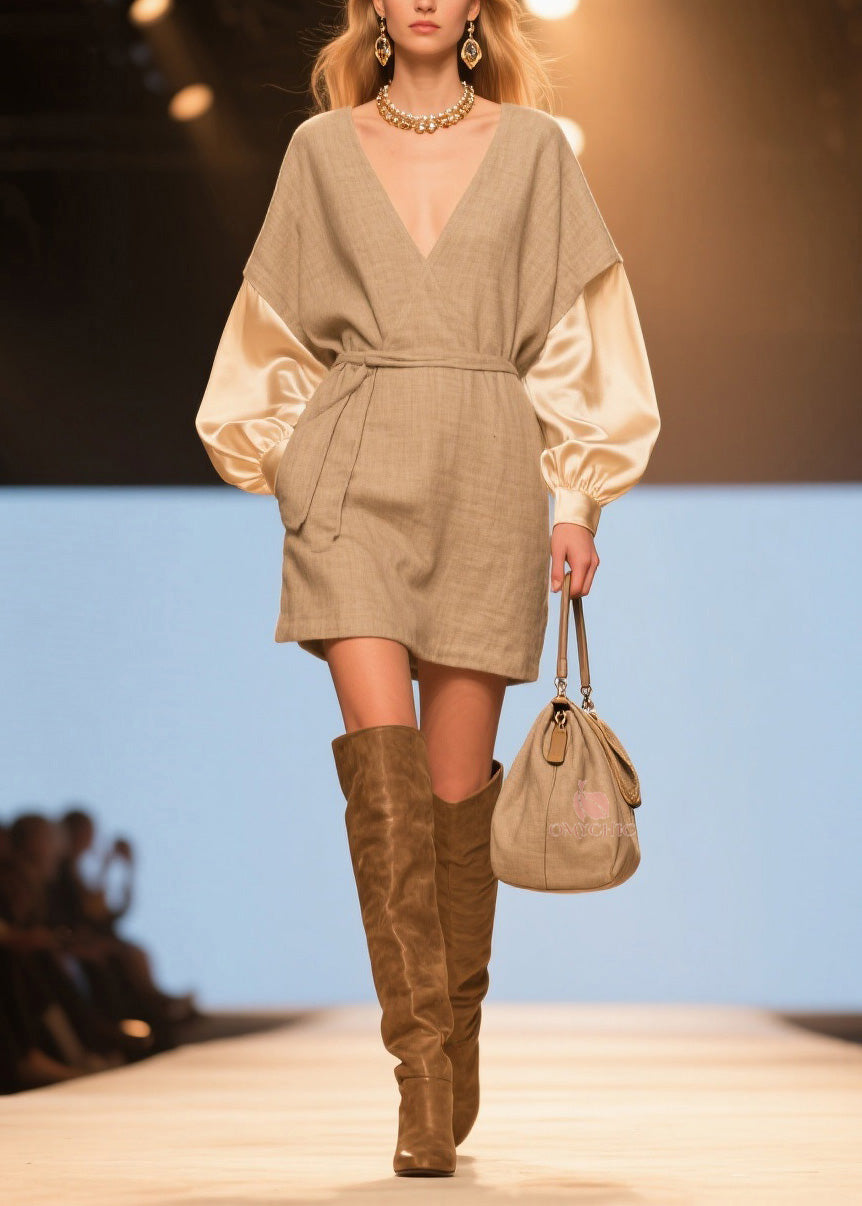 Women V Neck Patchwork Linen Silk Mid Dresses Spring