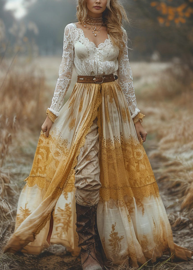 Women V Neck Patchwork Pastoral Style Lace Long Dresses