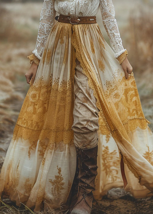 Women V Neck Patchwork Pastoral Style Lace Long Dresses