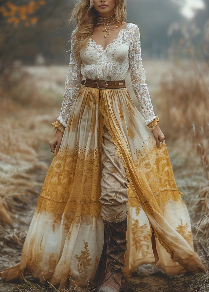 Women V Neck Patchwork Pastoral Style Lace Long Dresses