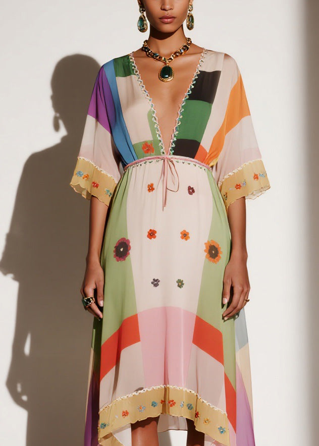 Women V Neck Print Asymmetrical Chiffon Long Dresses Summer