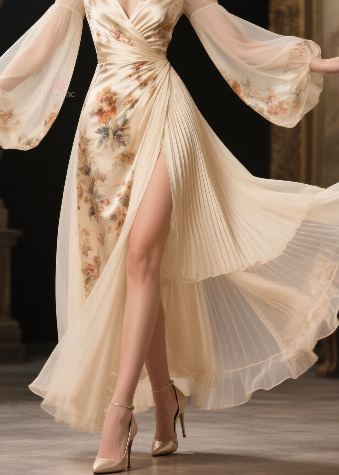 Women V Neck Print Chiffon Patchwork Silk Maxi Dresses Spring
