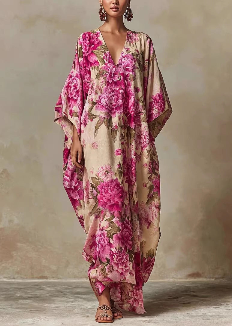 Women V Neck Print Cotton Robe Dresses Summer