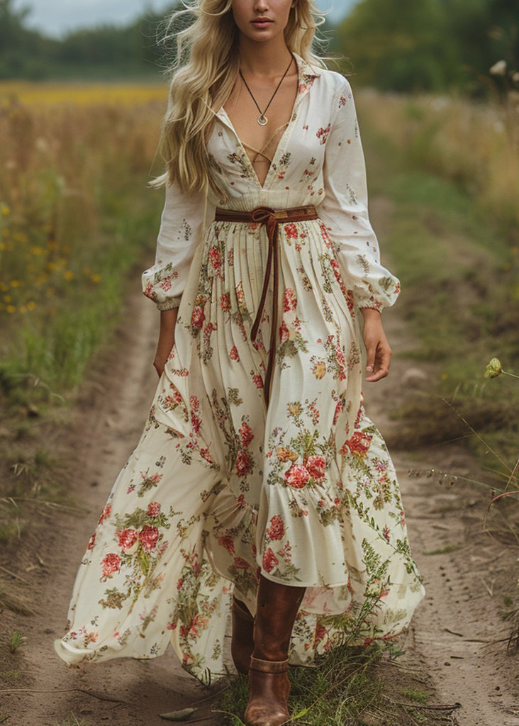 Women V Neck Print Long Sleeve Bohemian Pastoral Dress