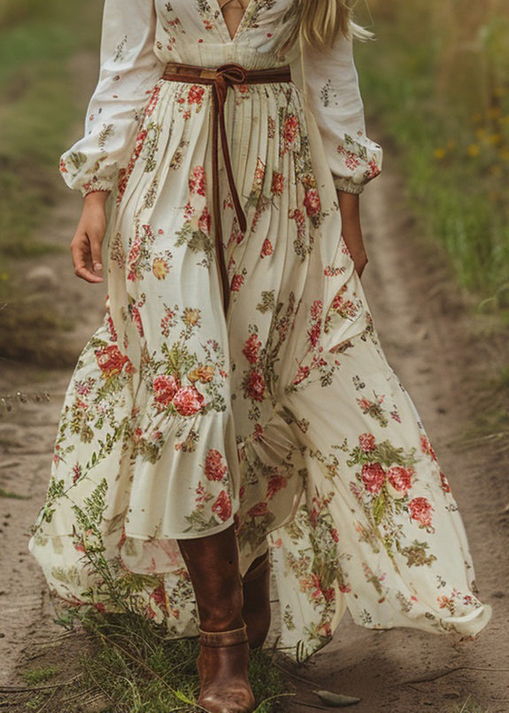 Women V Neck Print Long Sleeve Bohemian Pastoral Dress