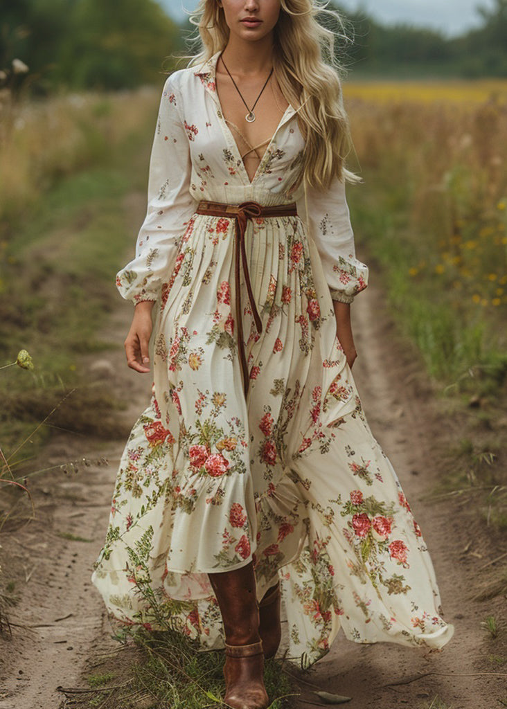Women V Neck Print Long Sleeve Bohemian Pastoral Dress