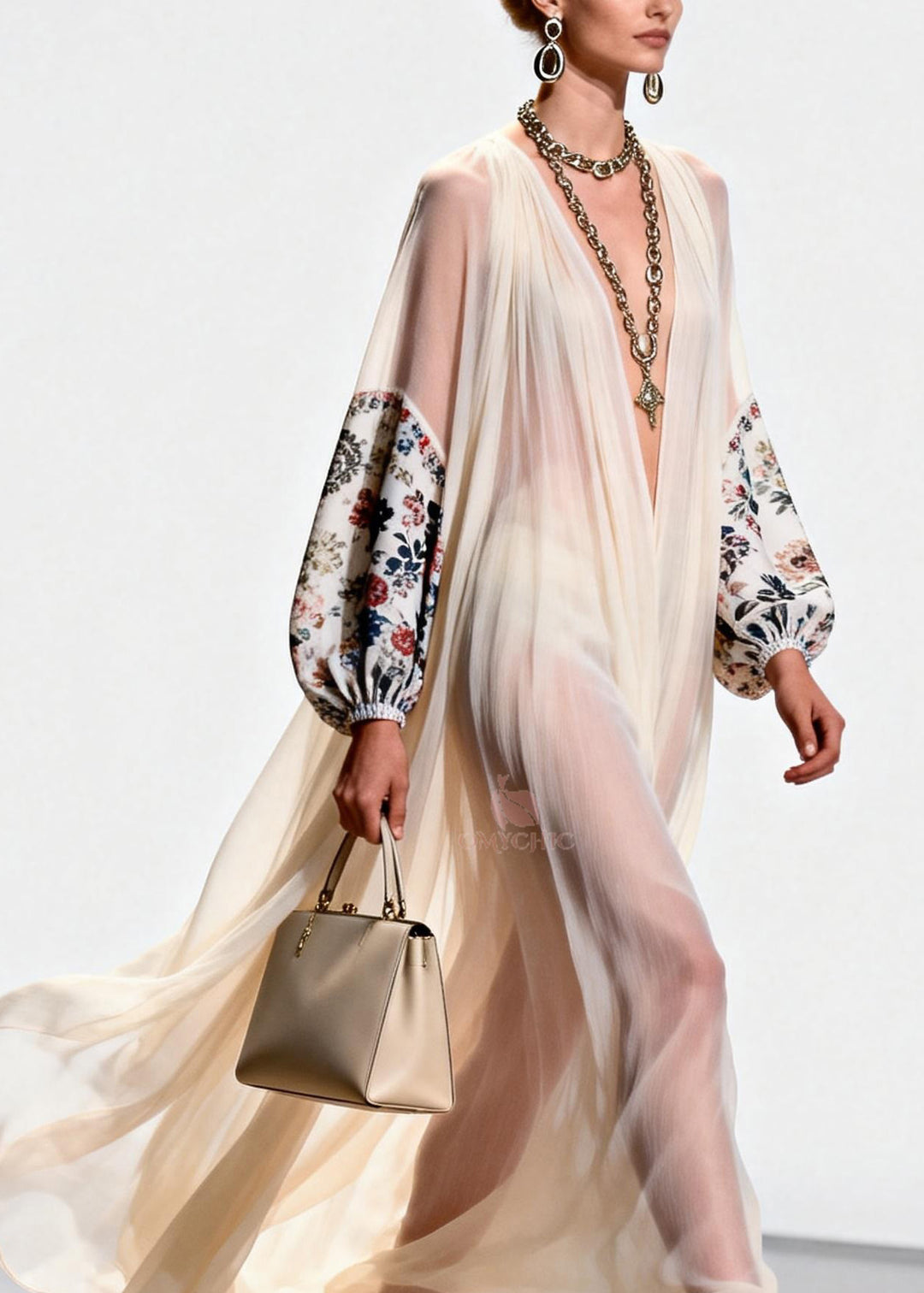 Women V Neck Print Patchwork Chiffon Dress Spring