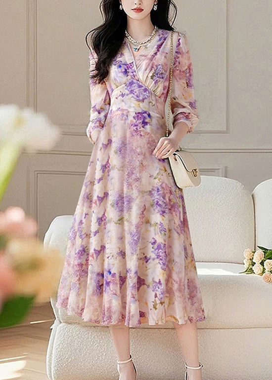 Women V Neck Print Patchwork Chiffon Long Dress Fall