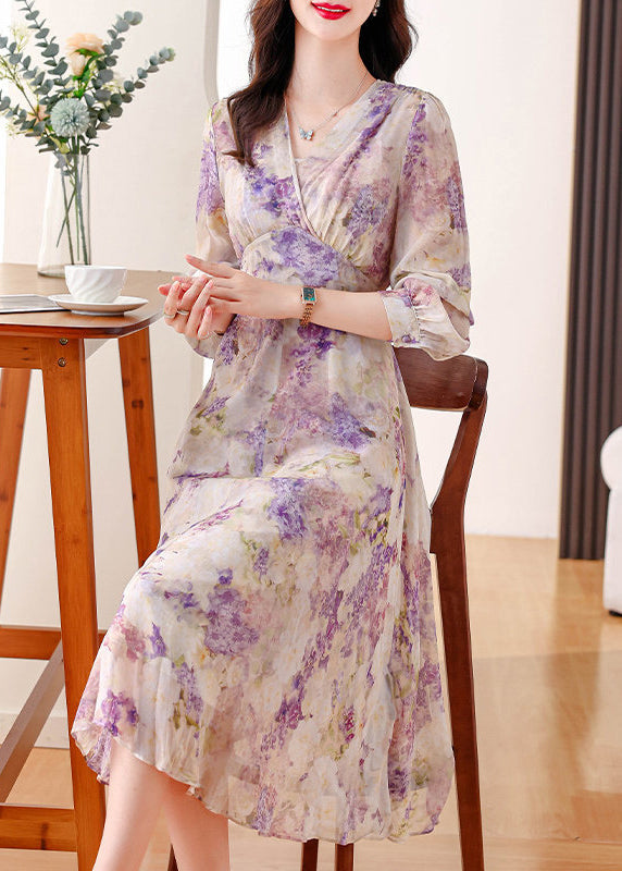 Women V Neck Print Patchwork Chiffon Long Dress Fall