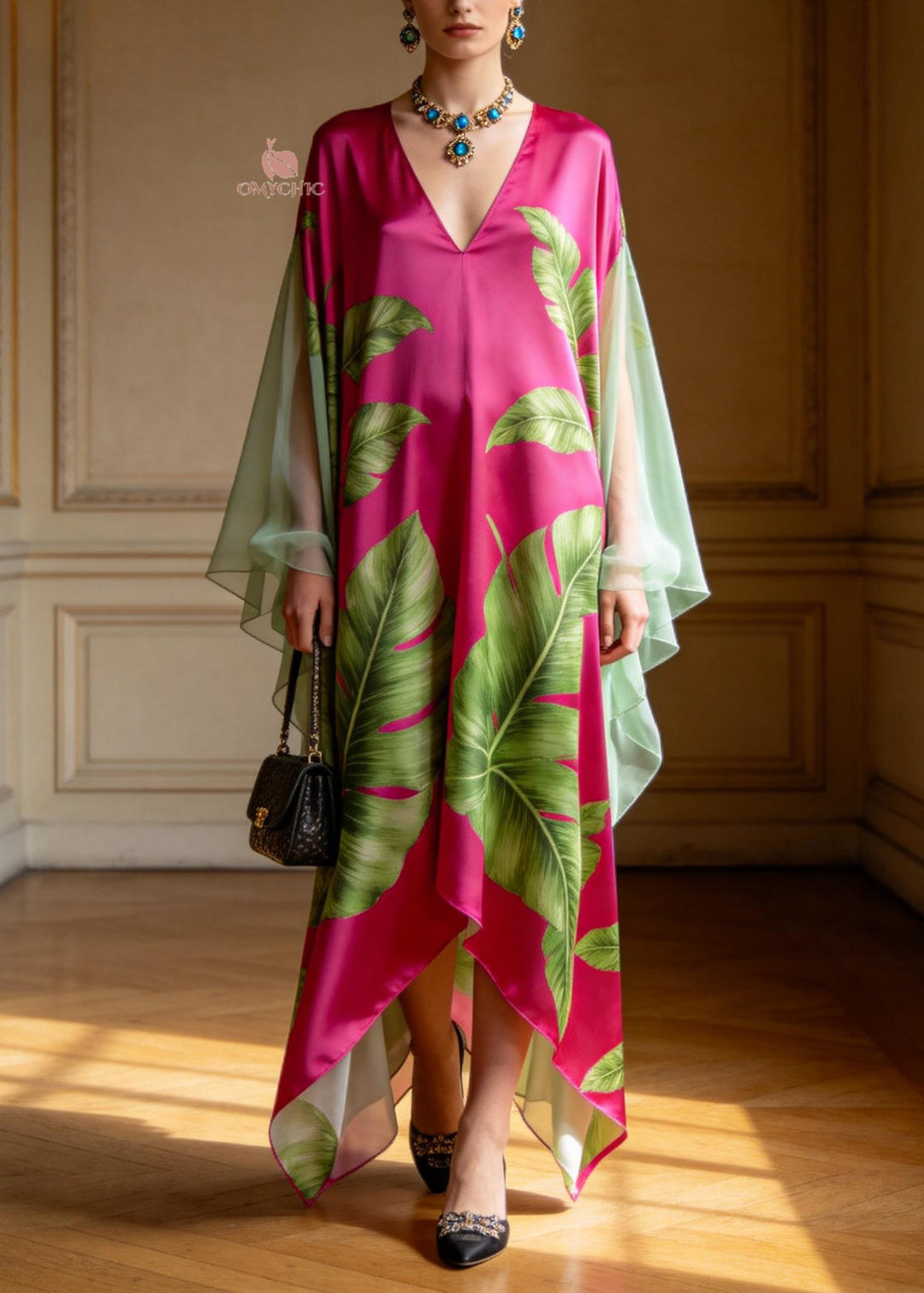 Women V Neck Print Patchwork Chiffon Maxi Dresses Summer