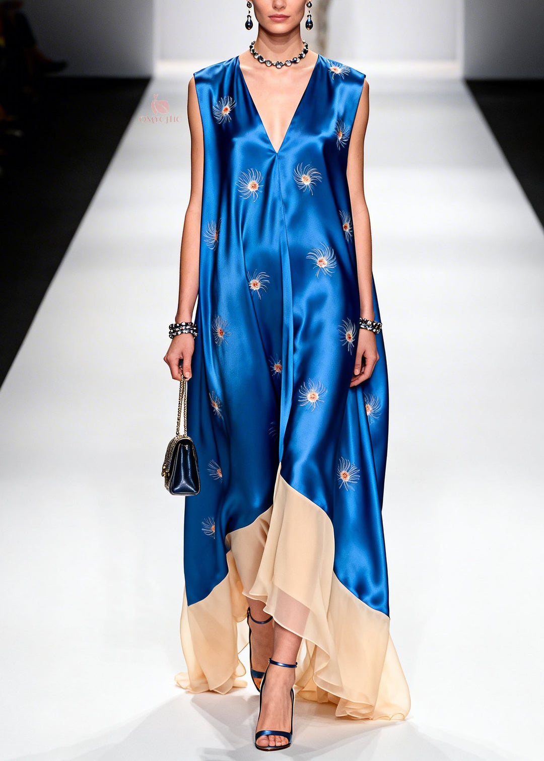 Women V Neck Print Patchwork Silk Long Dresses Summer