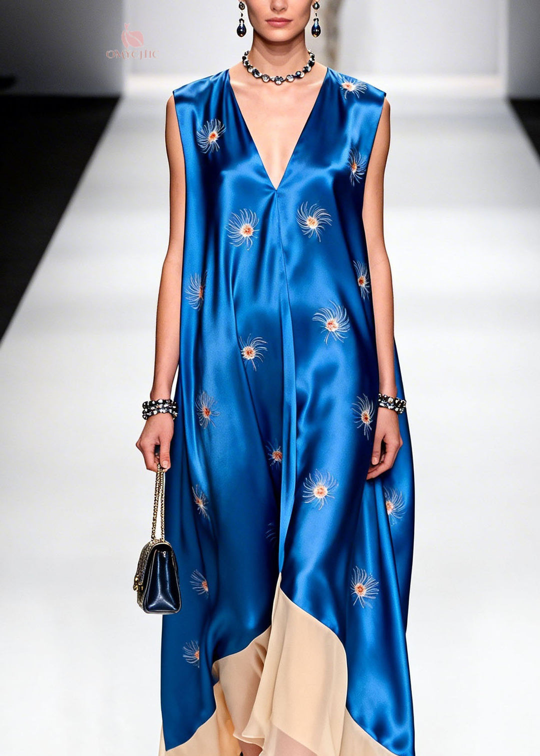 Women V Neck Print Patchwork Silk Long Dresses Summer