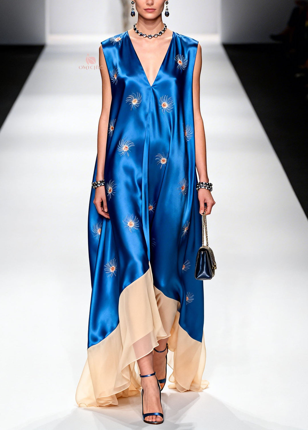Women V Neck Print Patchwork Silk Long Dresses Summer
