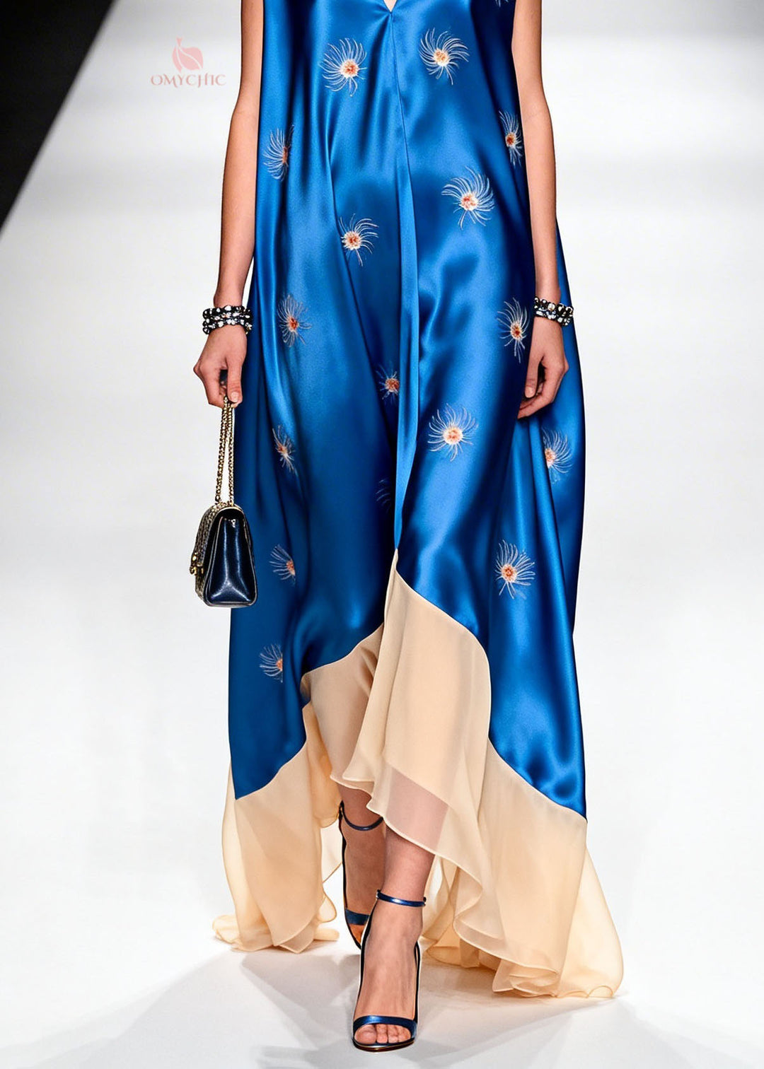 Women V Neck Print Patchwork Silk Long Dresses Summer