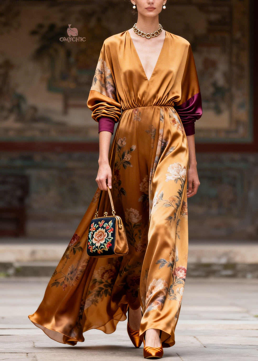 Women V Neck Print Patchwork Silk Maxi Dresses Summer