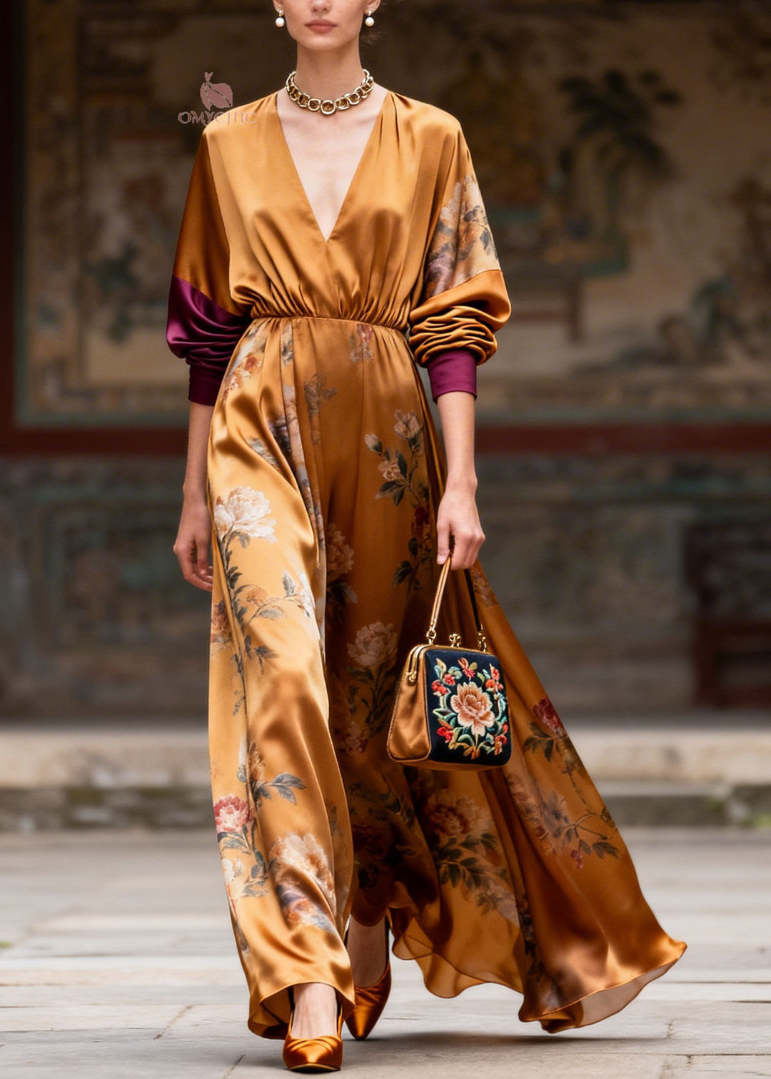 Women V Neck Print Patchwork Silk Maxi Dresses Summer