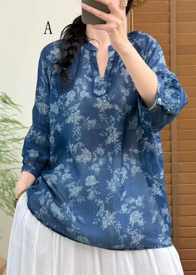 Women V Neck Print Plus Size Linen Top Bracelet Sleeve