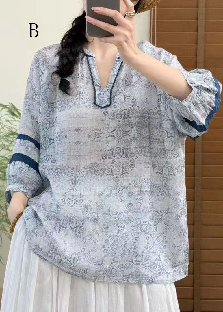Women V Neck Print Plus Size Linen Top Bracelet Sleeve
