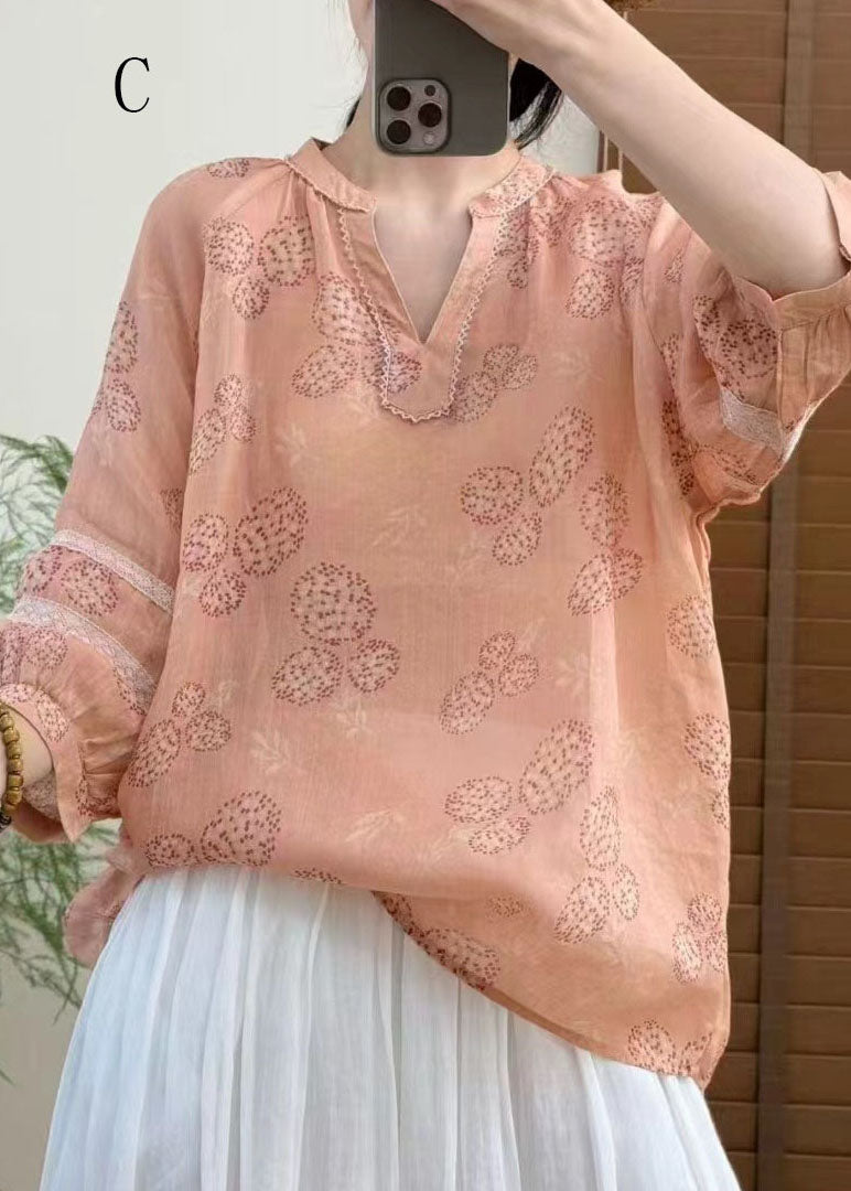 Women V Neck Print Plus Size Linen Top Bracelet Sleeve