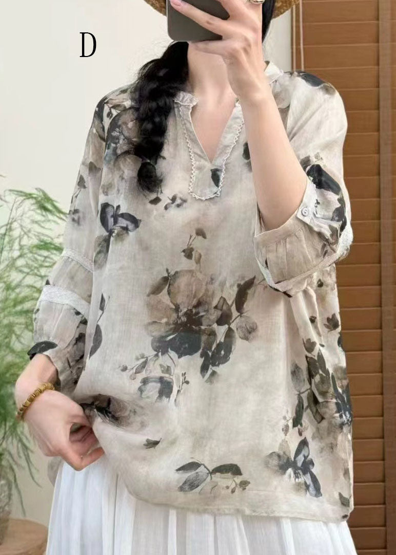 Women V Neck Print Plus Size Linen Top Bracelet Sleeve