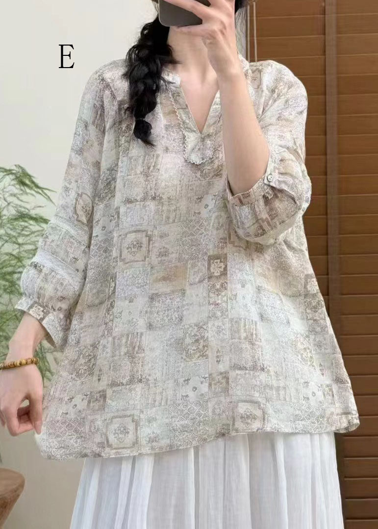Women V Neck Print Plus Size Linen Top Bracelet Sleeve