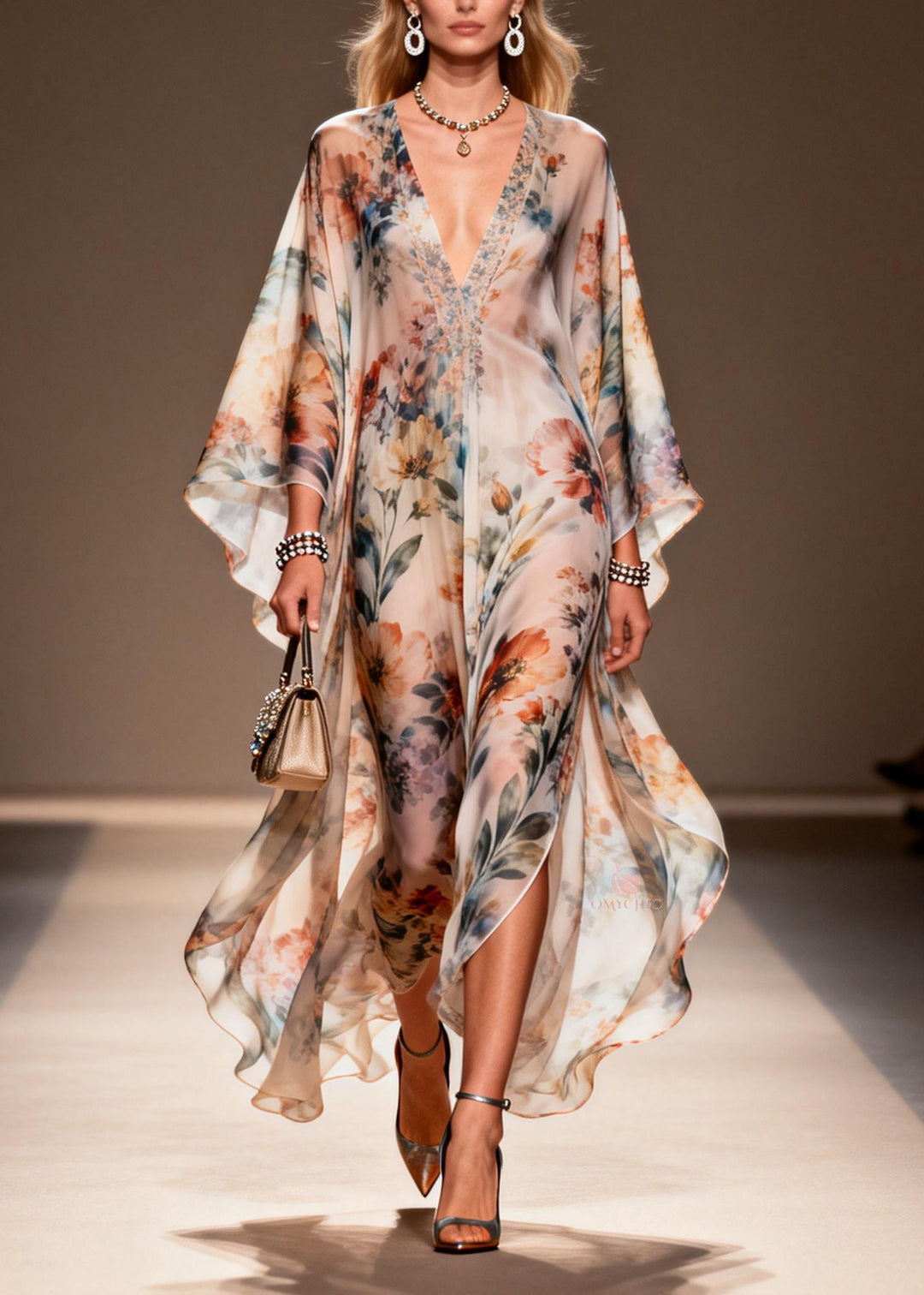 Women V Neck Print Side Open Chiffon Dress Spring