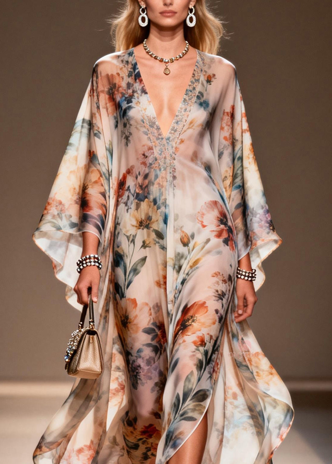 Women V Neck Print Side Open Chiffon Dress Spring