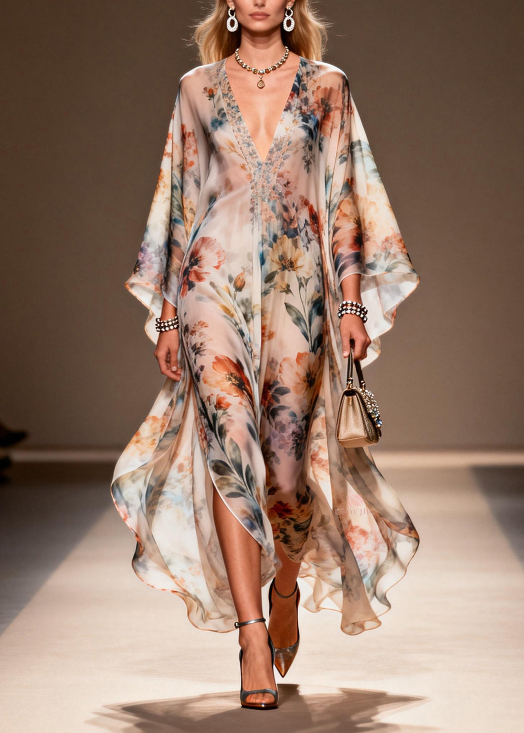 Women V Neck Print Side Open Chiffon Dress Spring