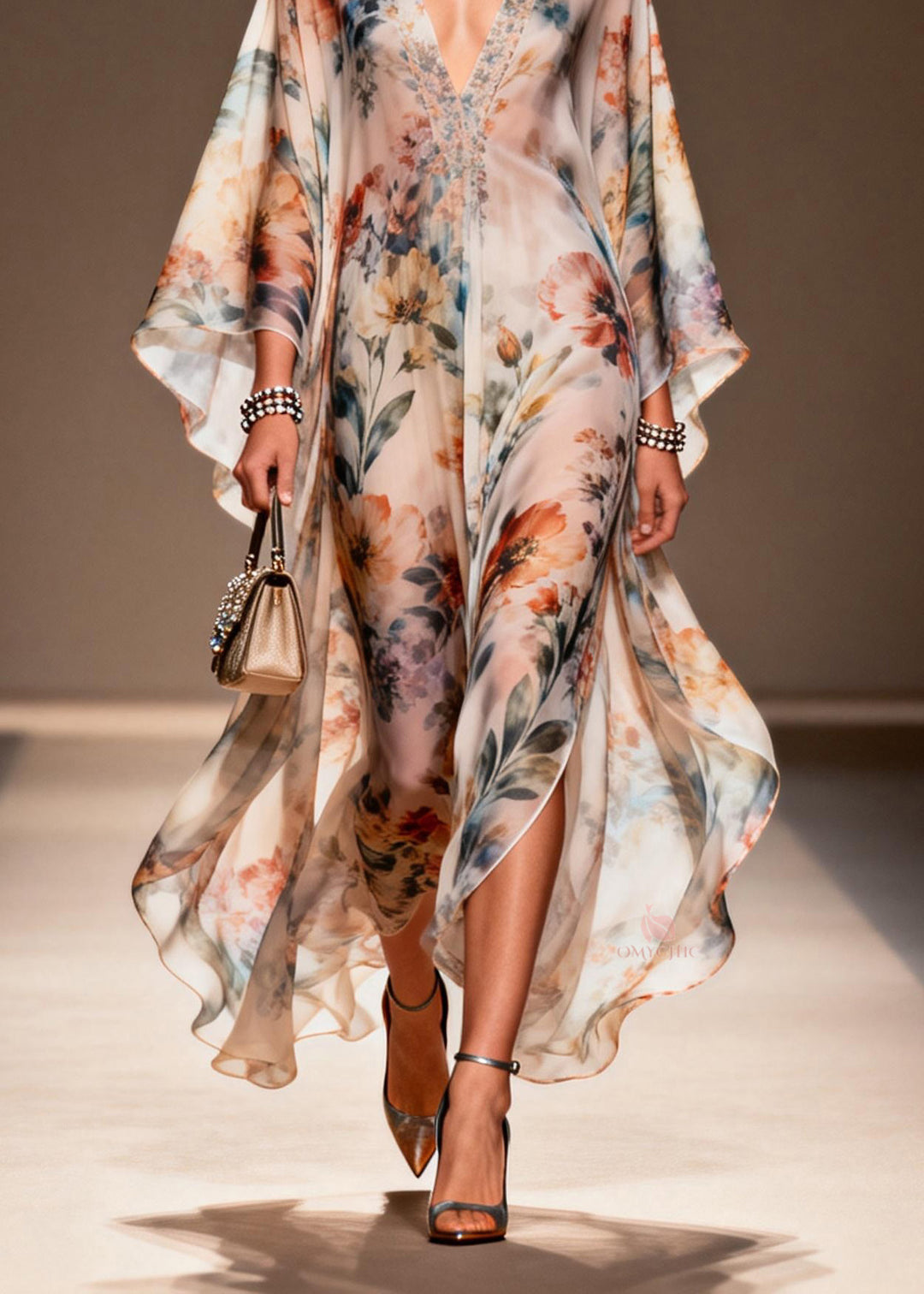 Women V Neck Print Side Open Chiffon Dress Spring