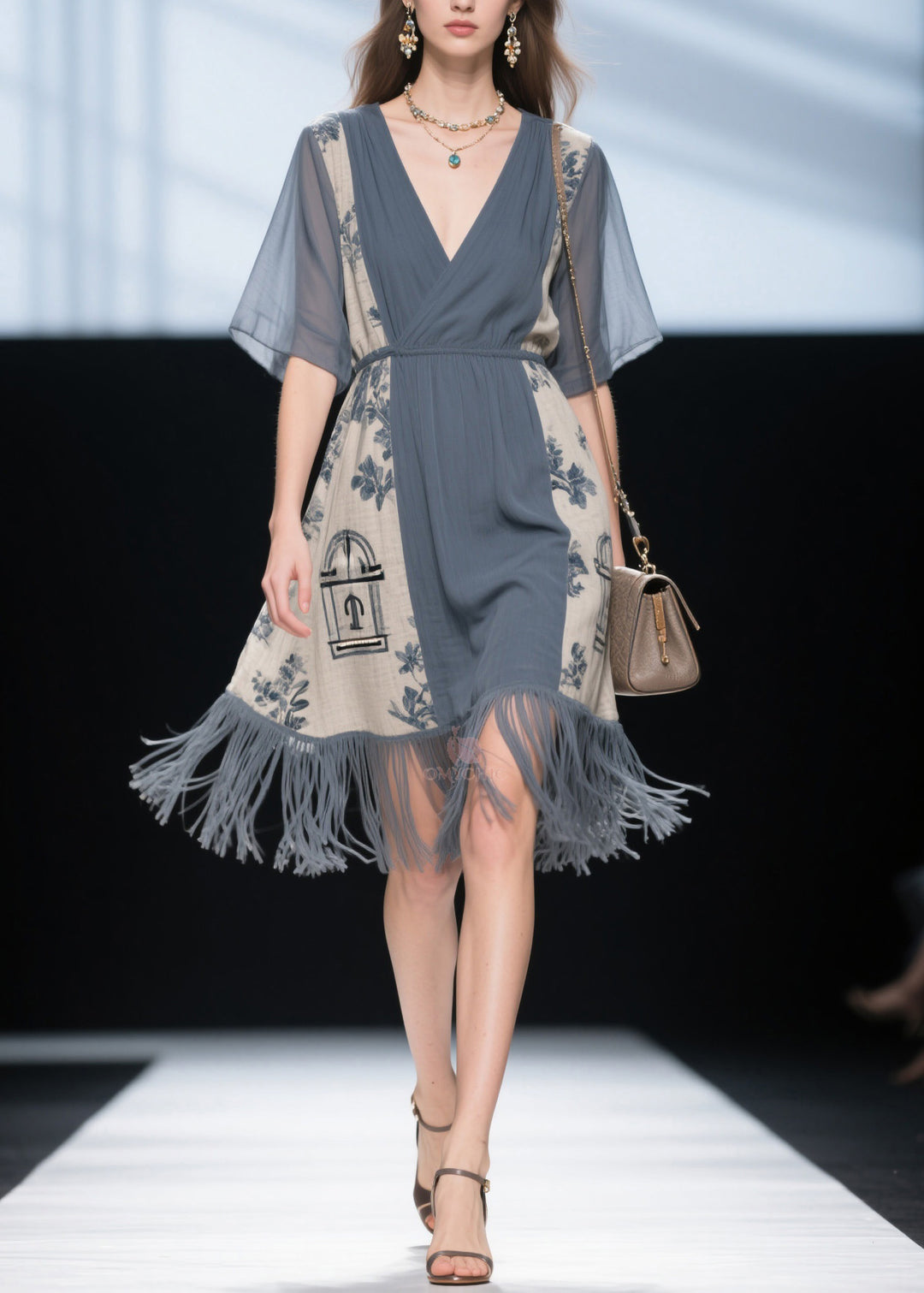 Women V Neck Print Tassel Patchwork Cotton Dress Summer