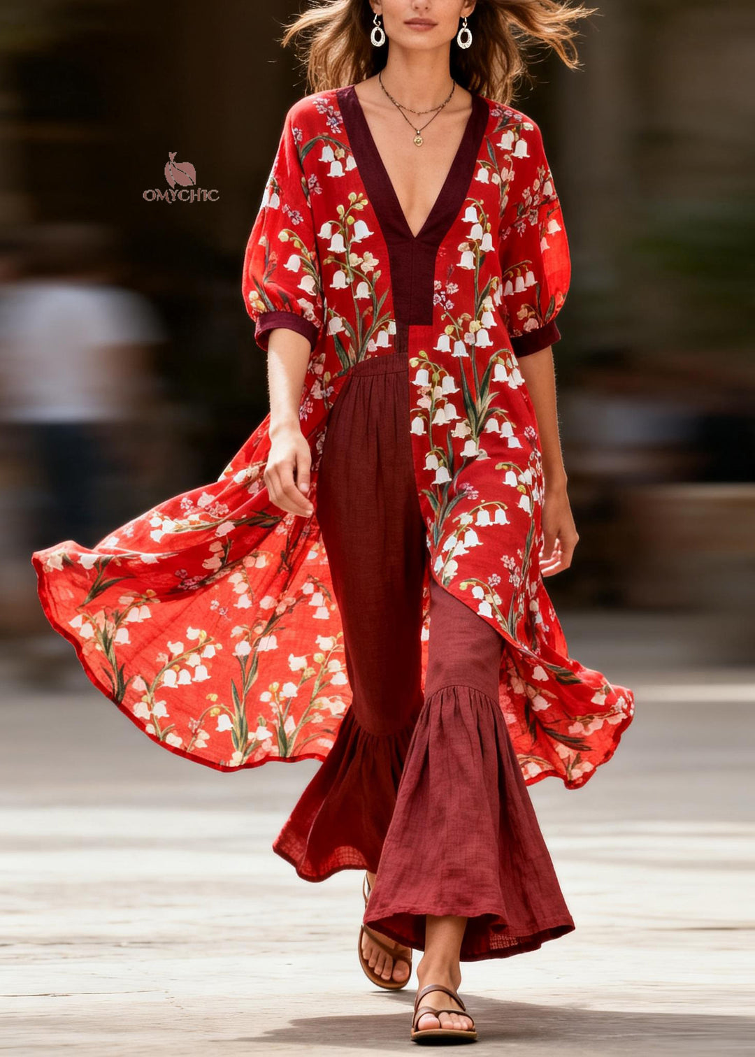 Women V Neck Print Tops And Pants Cotton Two Pieces Set Summer