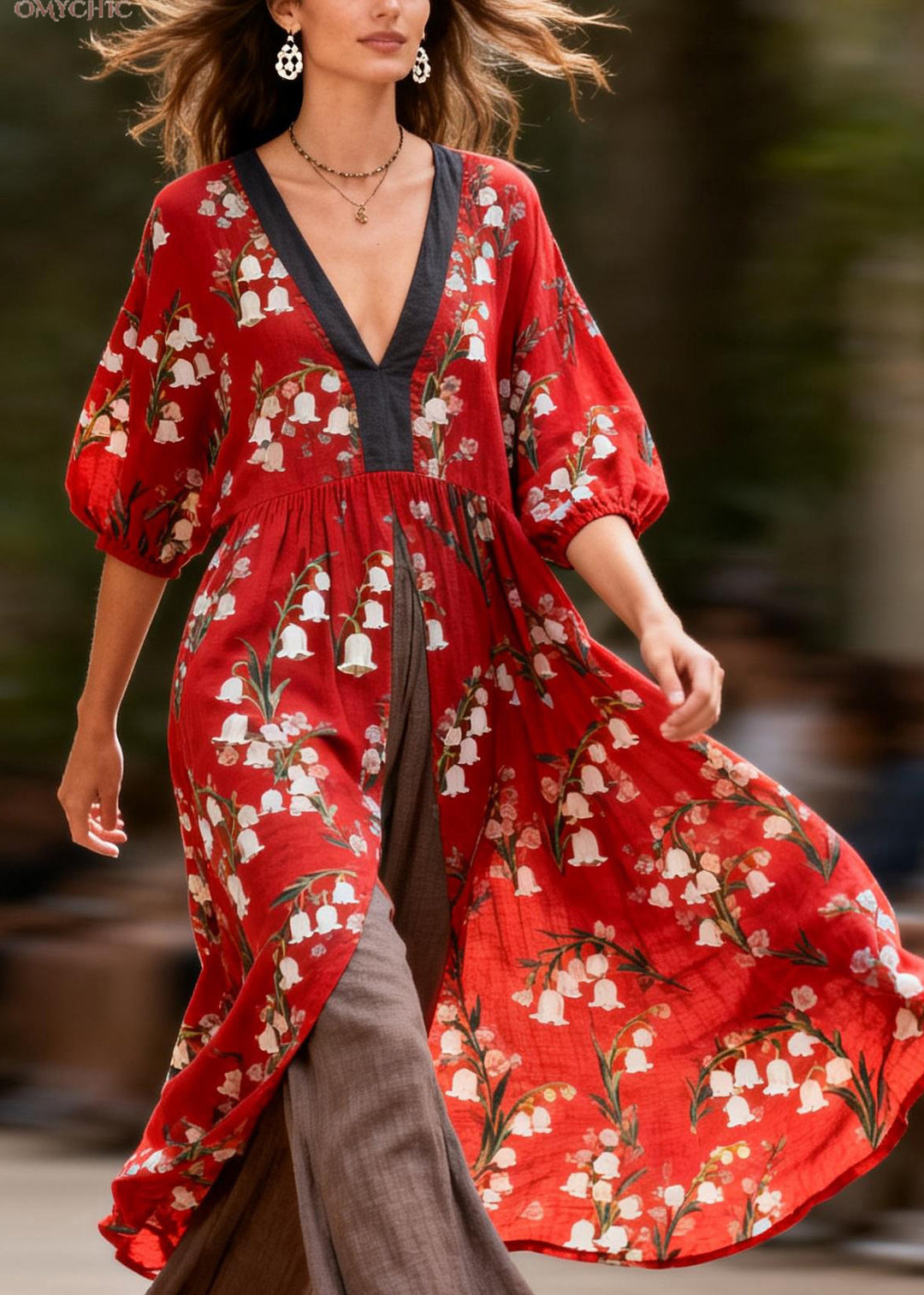 Women V Neck Print Tops And Pants Loose Cotton Two Pieces Set Summer