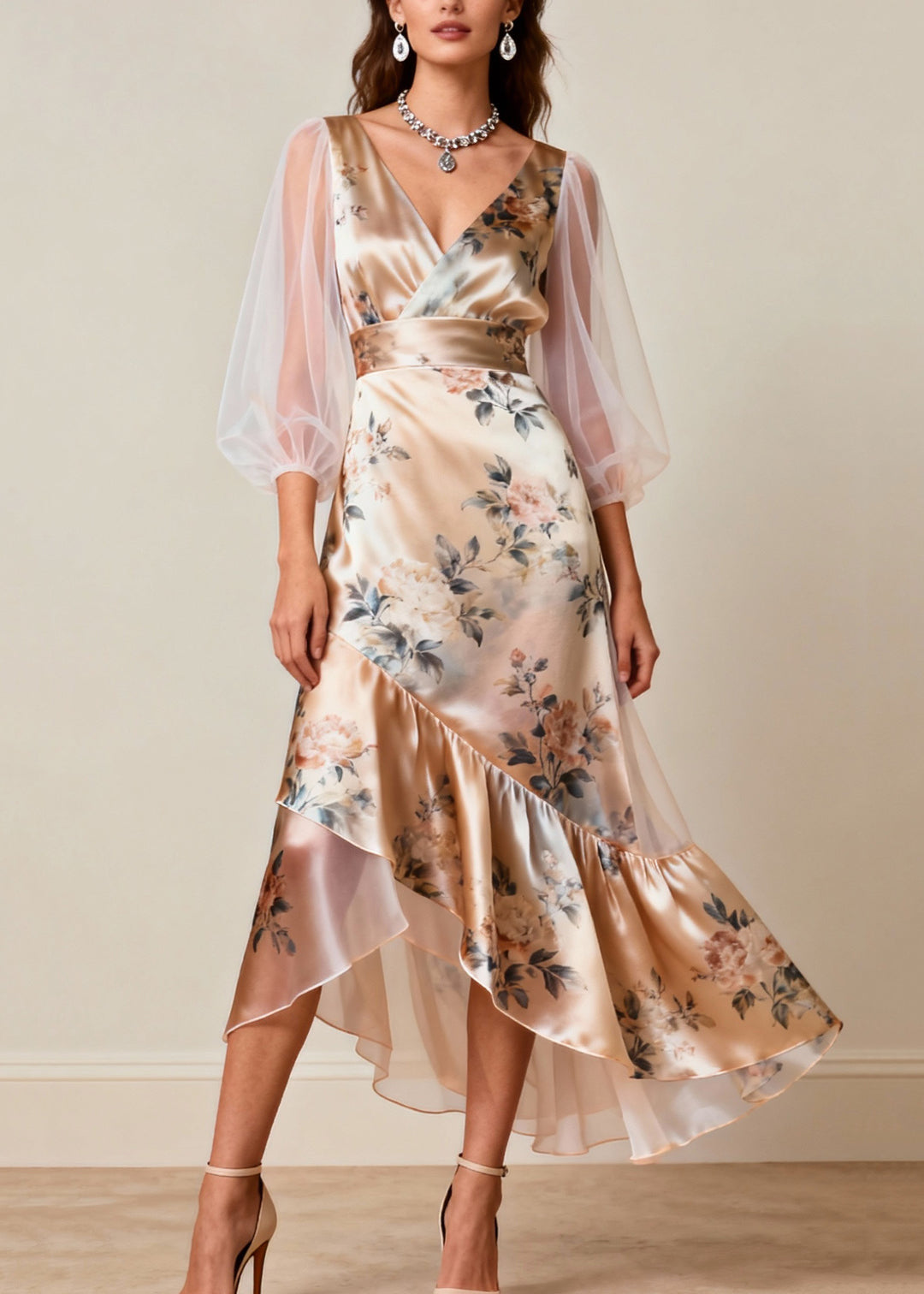 Women V Neck Print Tulle Patchwork Silk Dresses Sleeveless